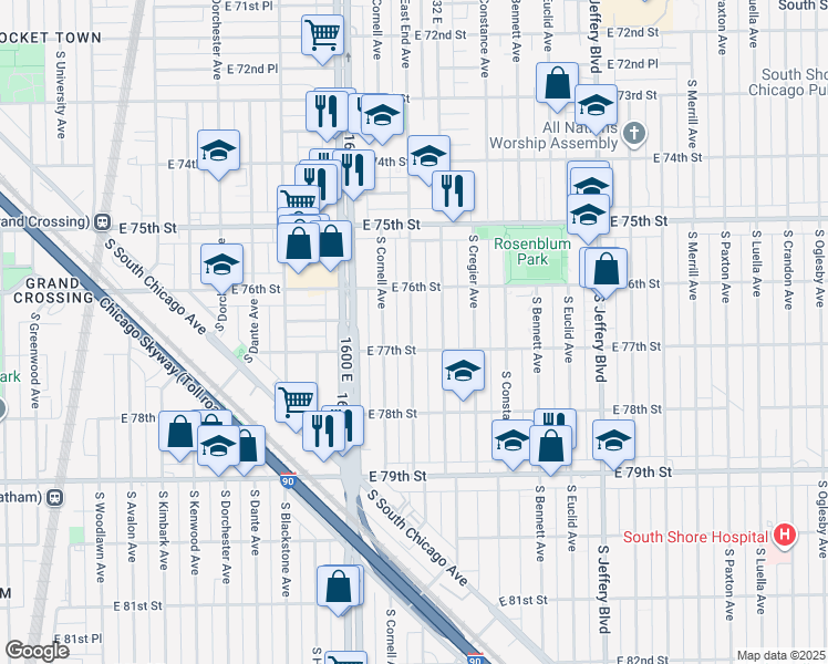 map of restaurants, bars, coffee shops, grocery stores, and more near 7646 South East End Avenue in Chicago