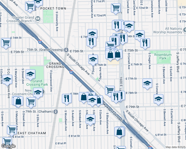 map of restaurants, bars, coffee shops, grocery stores, and more near 7665 S South Chicago Avenue in Chicago