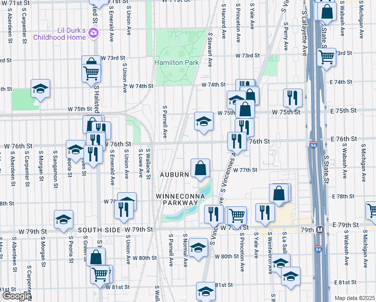 map of restaurants, bars, coffee shops, grocery stores, and more near 7620 South Eggleston Avenue in Chicago
