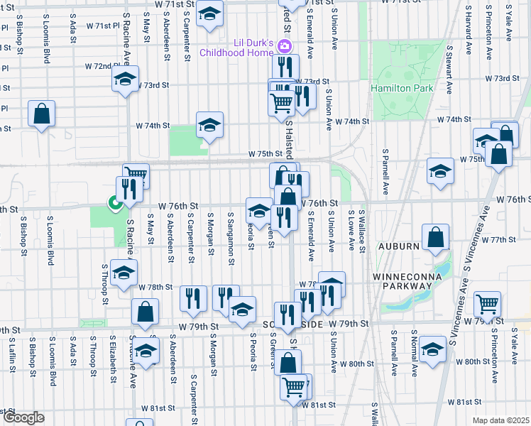 map of restaurants, bars, coffee shops, grocery stores, and more near 7621 South Green Street in Chicago
