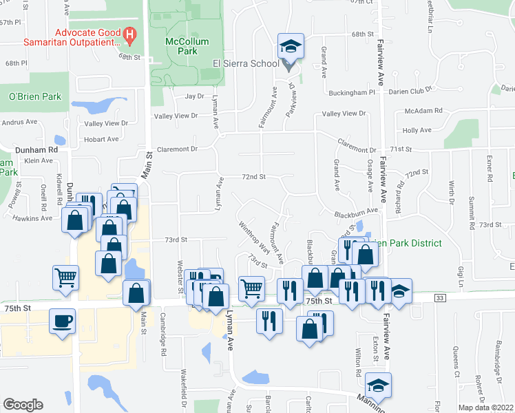 map of restaurants, bars, coffee shops, grocery stores, and more near 7315 Winthrop Way in Downers Grove
