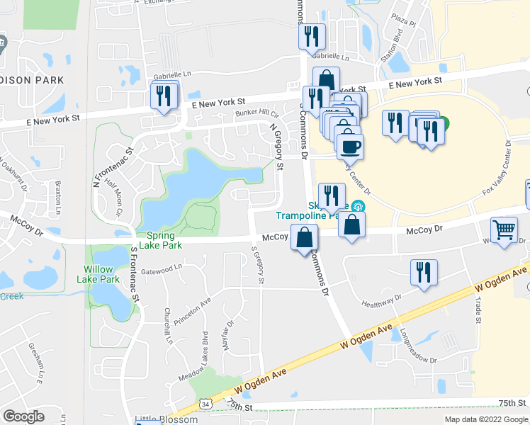 map of restaurants, bars, coffee shops, grocery stores, and more near 105 North Gregory Street in Aurora