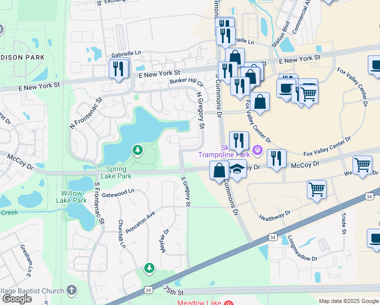 map of restaurants, bars, coffee shops, grocery stores, and more near 105 North Gregory Street in Aurora