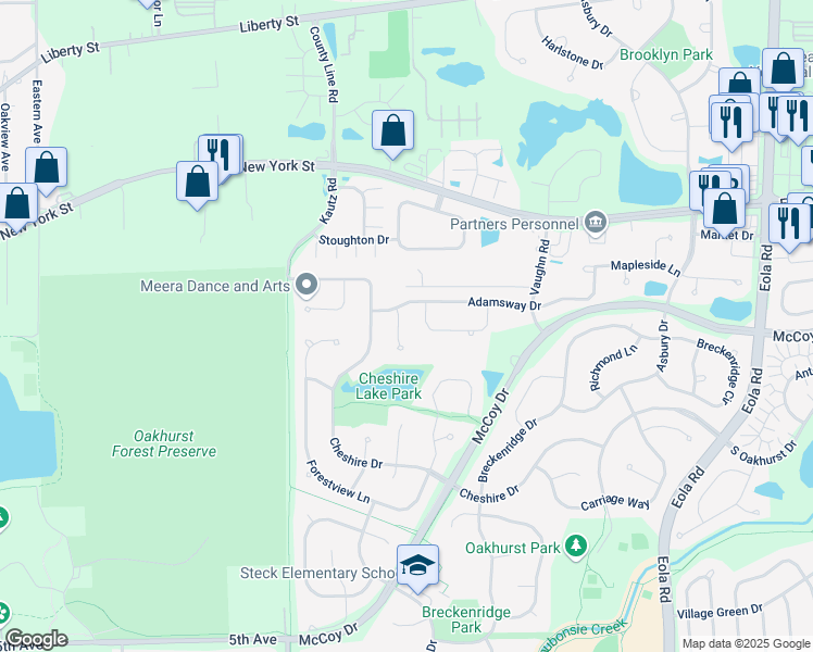 map of restaurants, bars, coffee shops, grocery stores, and more near 2391 Angela Lane in Aurora
