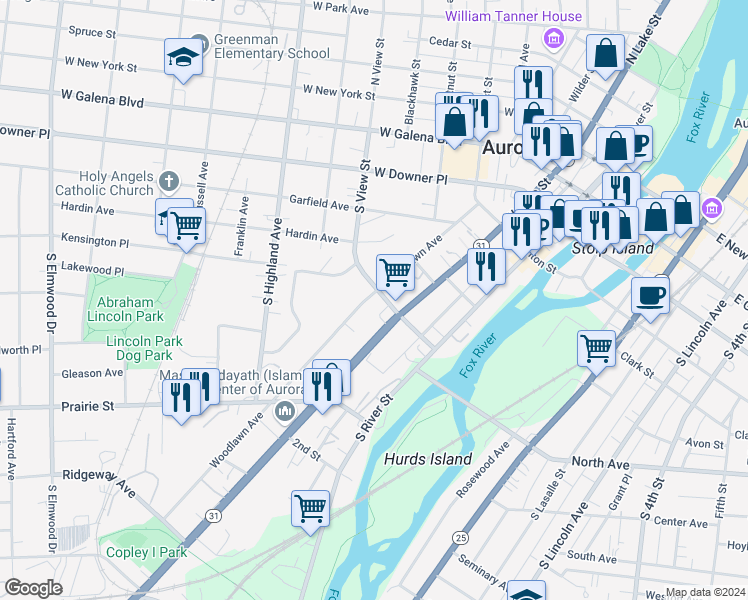 map of restaurants, bars, coffee shops, grocery stores, and more near 312 Woodlawn Avenue in Aurora