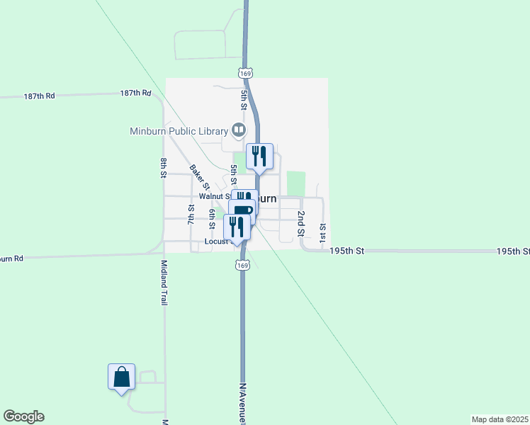 map of restaurants, bars, coffee shops, grocery stores, and more near 305 Chestnut Street in Minburn