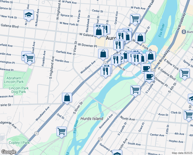 map of restaurants, bars, coffee shops, grocery stores, and more near 227 Middle Avenue in Aurora