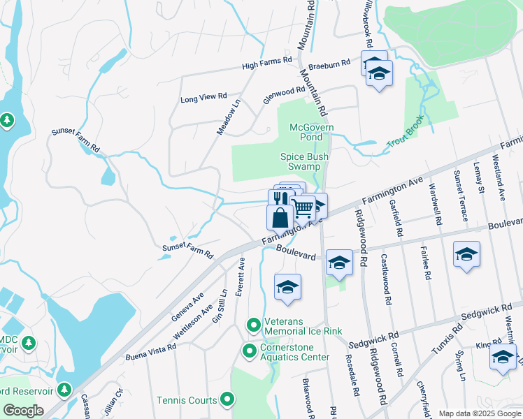 map of restaurants, bars, coffee shops, grocery stores, and more near 1260 Farmington Avenue in West Hartford