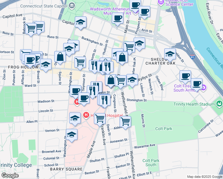 map of restaurants, bars, coffee shops, grocery stores, and more near 1 Main Street in Hartford