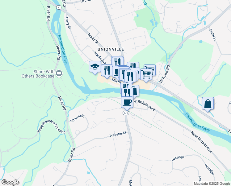 map of restaurants, bars, coffee shops, grocery stores, and more near 9 Hunters Ridge in Farmington