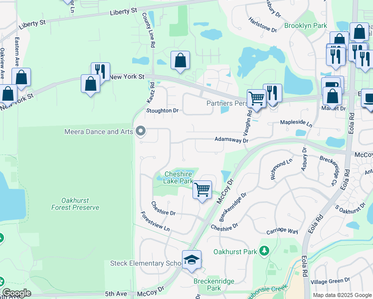 map of restaurants, bars, coffee shops, grocery stores, and more near 2391 Angela Lane in Aurora