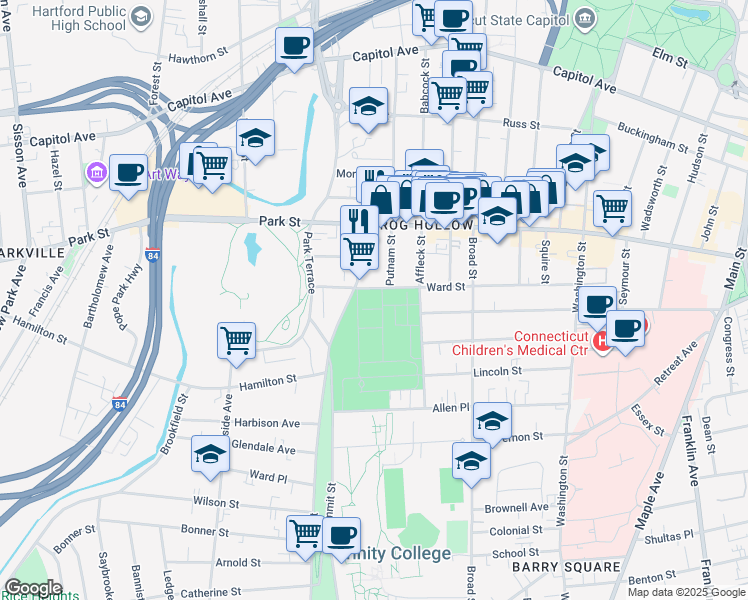 map of restaurants, bars, coffee shops, grocery stores, and more near 155 Ward Street in Hartford