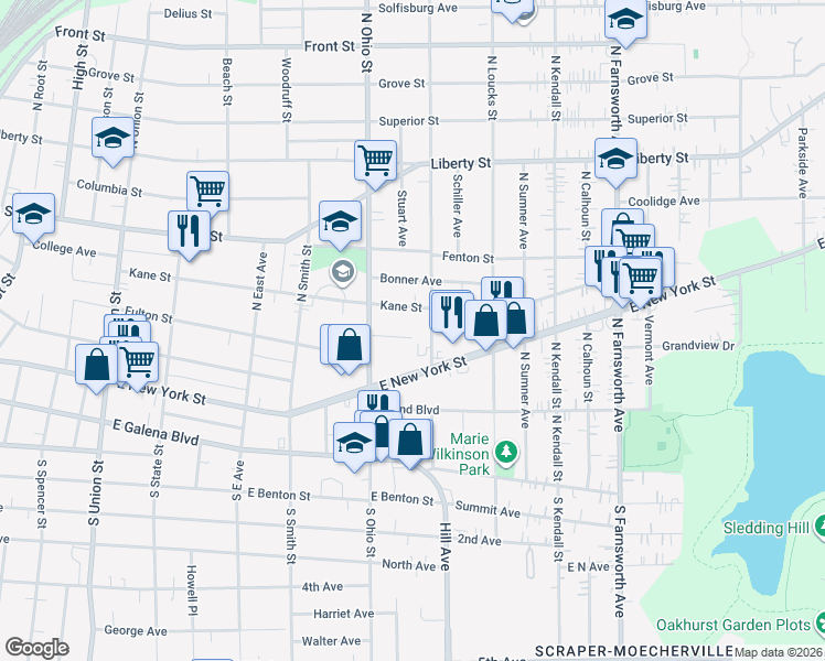 map of restaurants, bars, coffee shops, grocery stores, and more near 1034 Century Lane in Aurora