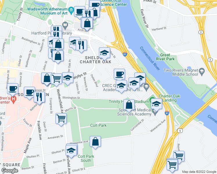 map of restaurants, bars, coffee shops, grocery stores, and more near 99 Van Block Avenue in Hartford