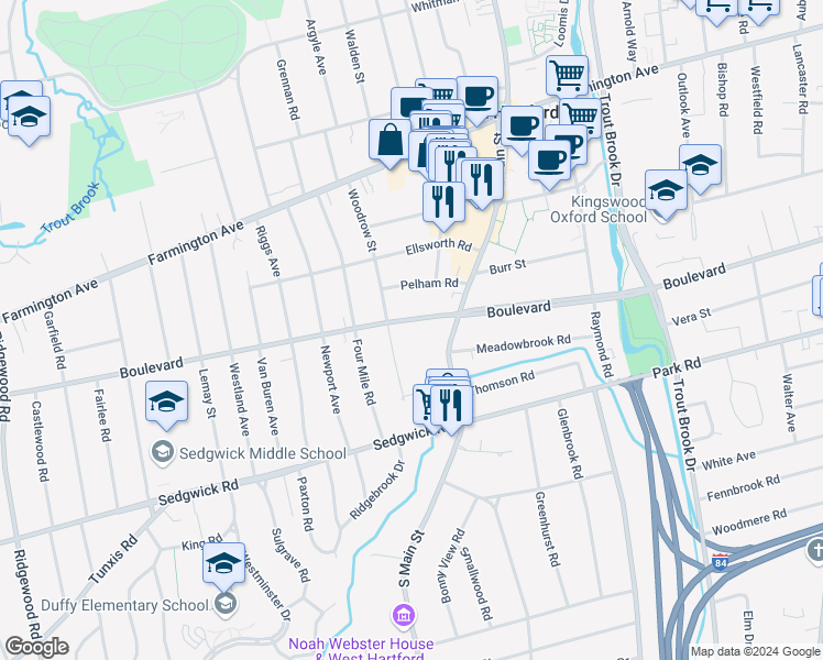 map of restaurants, bars, coffee shops, grocery stores, and more near 1699 Boulevard in West Hartford