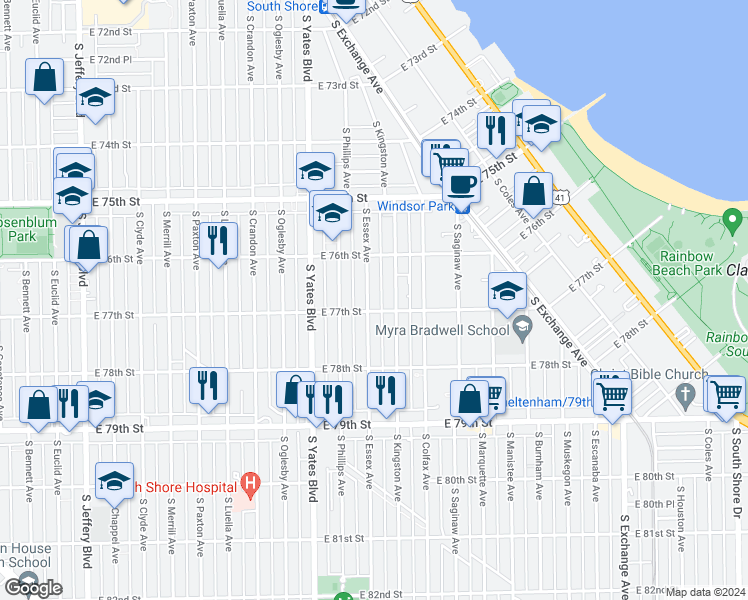 map of restaurants, bars, coffee shops, grocery stores, and more near 7649 South Essex Avenue in Chicago