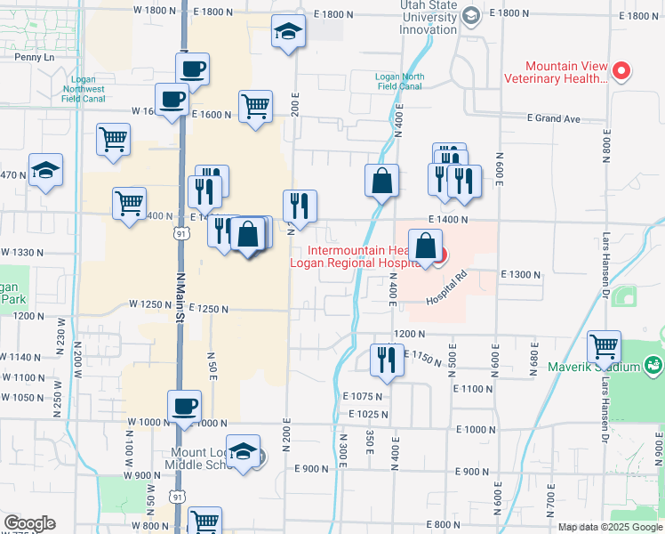 map of restaurants, bars, coffee shops, grocery stores, and more near 1320 North 200 East in Logan