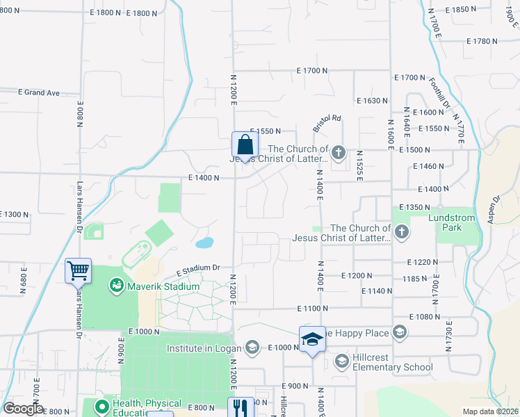 map of restaurants, bars, coffee shops, grocery stores, and more near 1325 North 1250 East in Logan
