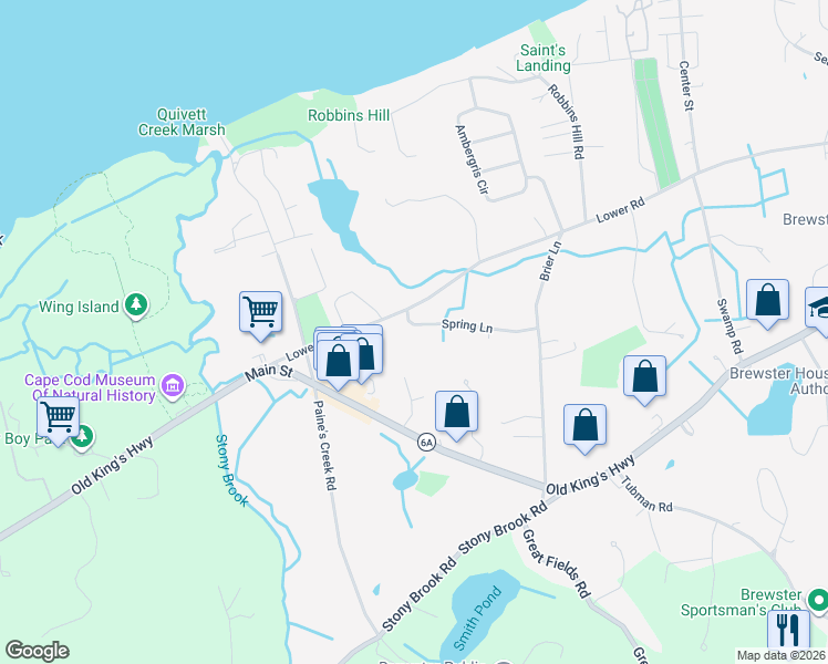 map of restaurants, bars, coffee shops, grocery stores, and more near 20 Spring Lane in Brewster