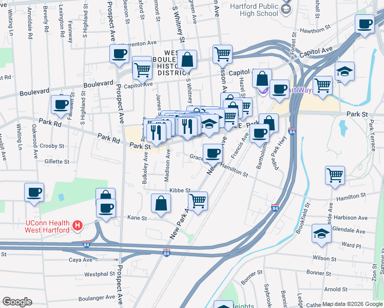 map of restaurants, bars, coffee shops, grocery stores, and more near 16 Greenwood Street in Hartford