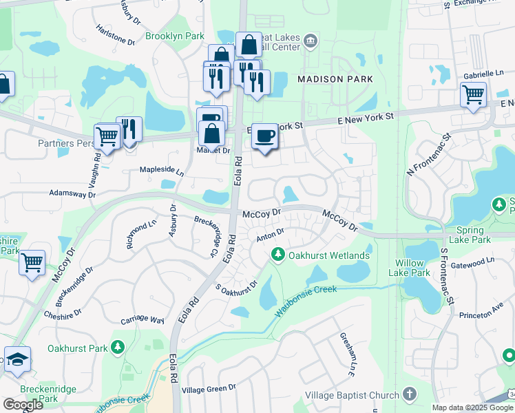 map of restaurants, bars, coffee shops, grocery stores, and more near 2962 Waters Edge Circle in Aurora
