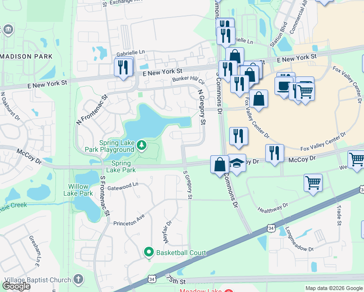 map of restaurants, bars, coffee shops, grocery stores, and more near North Gregory Street in Aurora