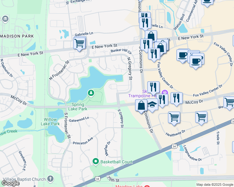 map of restaurants, bars, coffee shops, grocery stores, and more near North Gregory Street in Aurora