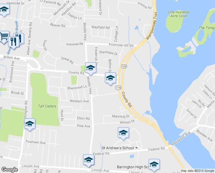 map of restaurants, bars, coffee shops, grocery stores, and more near 7 Old County Road in Barrington