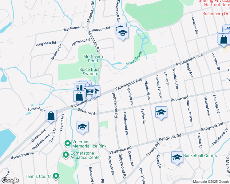 map of restaurants, bars, coffee shops, grocery stores, and more near 1185 Farmington Avenue in West Hartford