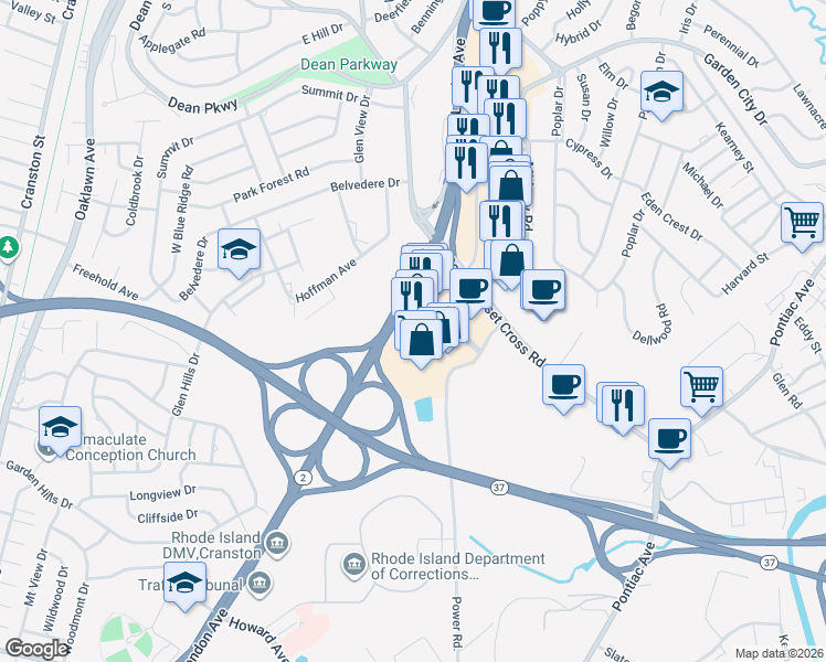 map of restaurants, bars, coffee shops, grocery stores, and more near 5 Chapel View Boulevard in Cranston