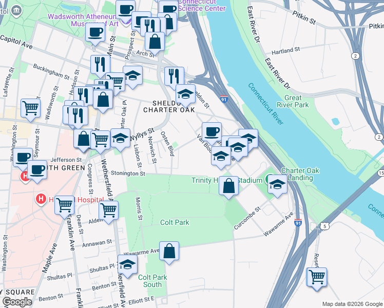 map of restaurants, bars, coffee shops, grocery stores, and more near 99 Van Block Avenue in Hartford