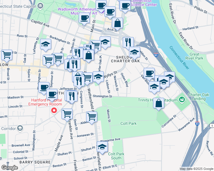 map of restaurants, bars, coffee shops, grocery stores, and more near 40 Lisbon Street in Hartford