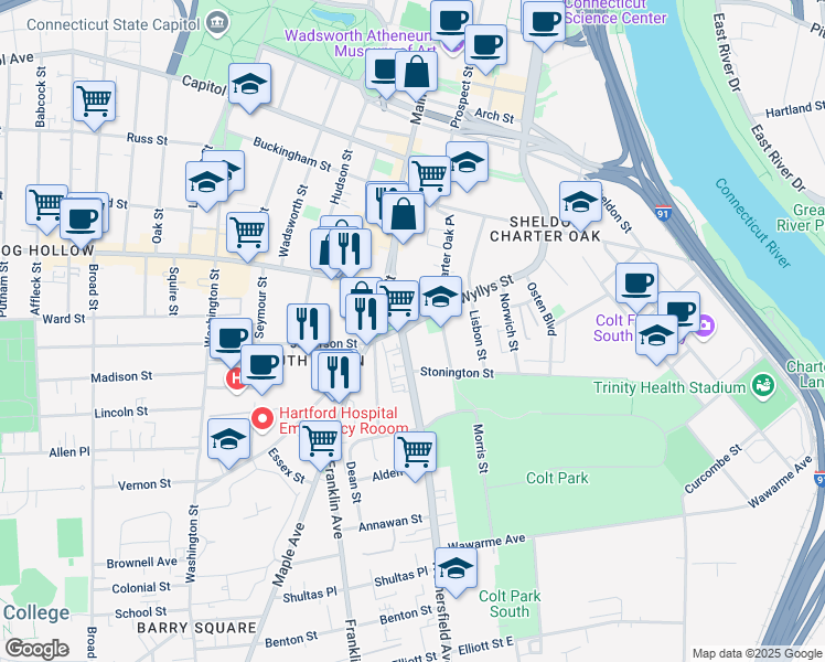 map of restaurants, bars, coffee shops, grocery stores, and more near 3 Wethersfield Avenue in Hartford