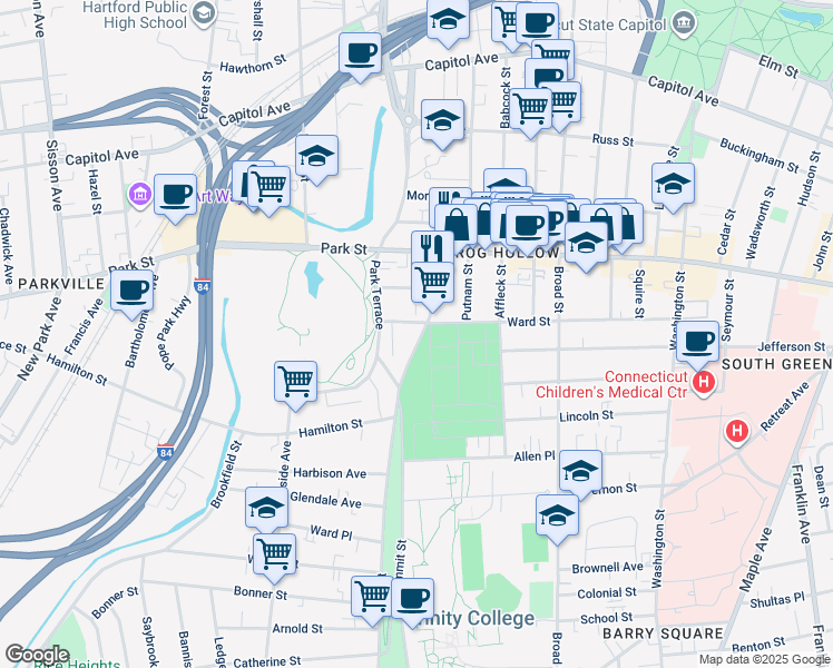 map of restaurants, bars, coffee shops, grocery stores, and more near 523 Zion Street in Hartford