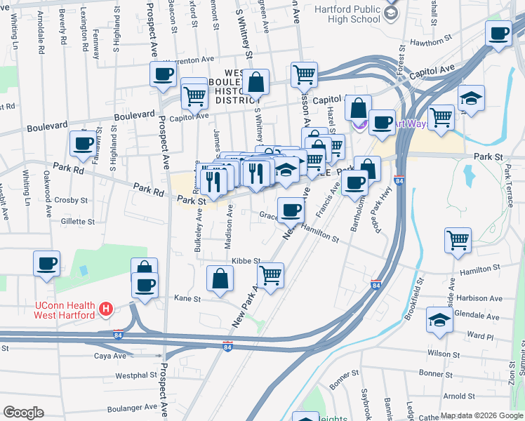 map of restaurants, bars, coffee shops, grocery stores, and more near 16 Greenwood Street in Hartford