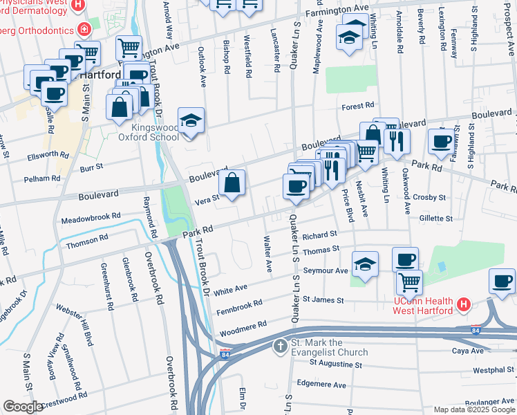 map of restaurants, bars, coffee shops, grocery stores, and more near 398 Park Road in West Hartford