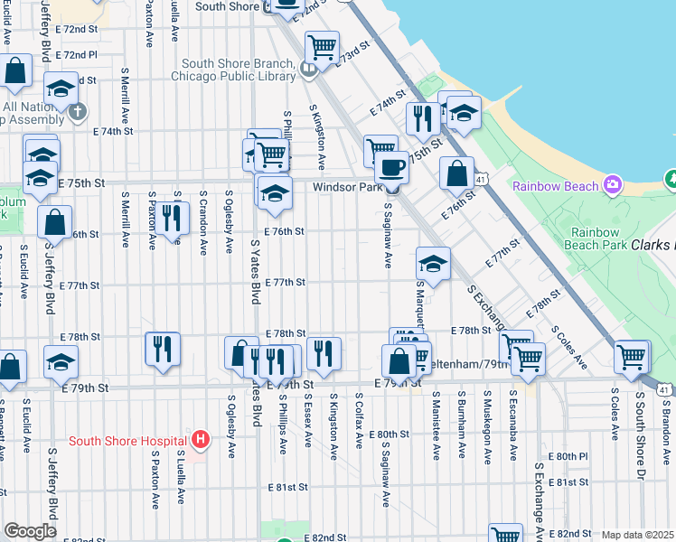 map of restaurants, bars, coffee shops, grocery stores, and more near 2536 East 77th Street in Chicago