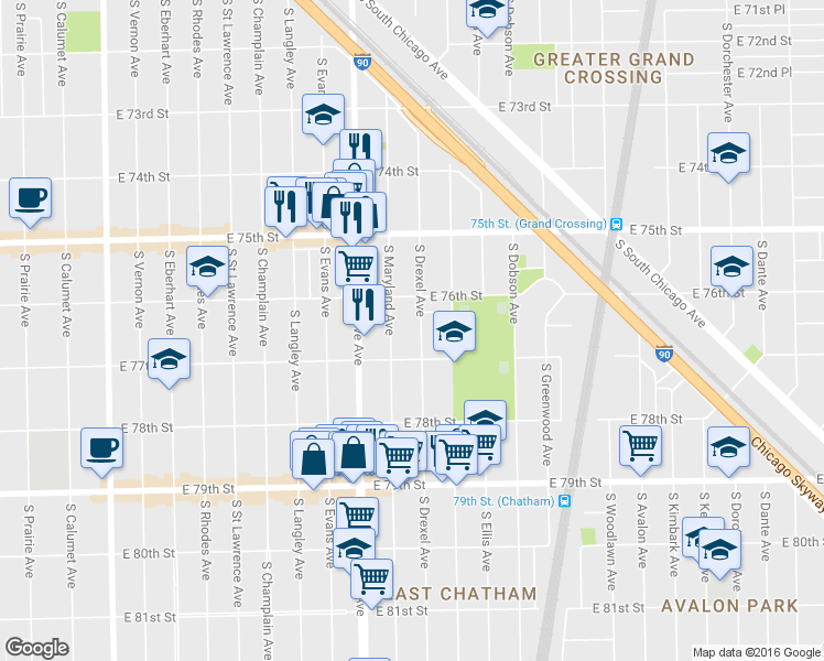 map of restaurants, bars, coffee shops, grocery stores, and more near 7642 South Drexel Avenue in Chicago