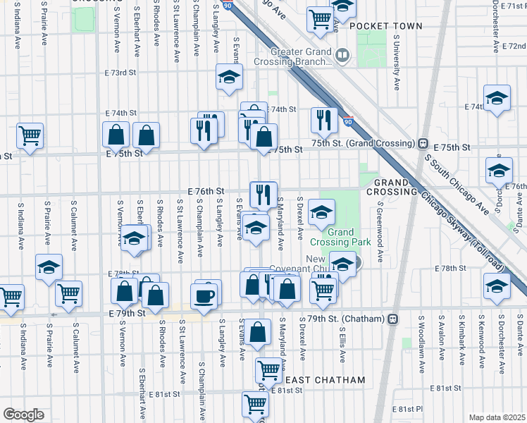 map of restaurants, bars, coffee shops, grocery stores, and more near 7638 South Maryland Avenue in Chicago
