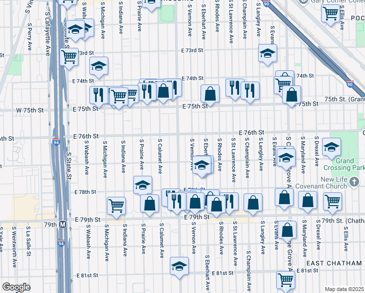 map of restaurants, bars, coffee shops, grocery stores, and more near 7639 South King Drive in Chicago