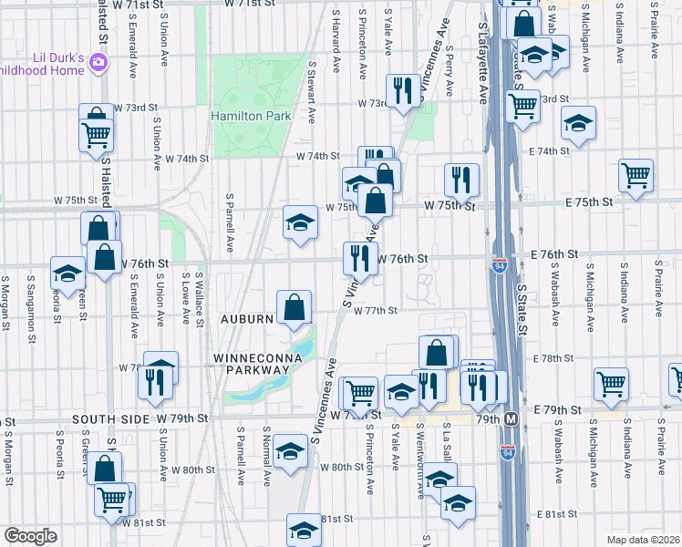 map of restaurants, bars, coffee shops, grocery stores, and more near 7620 South Harvard Avenue in Chicago