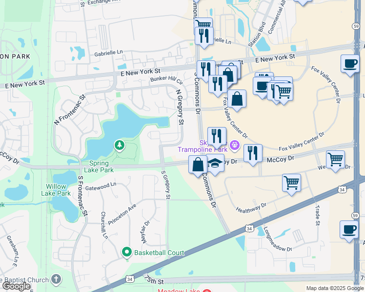 map of restaurants, bars, coffee shops, grocery stores, and more near 193 North Gregory Street in Aurora