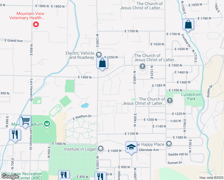 map of restaurants, bars, coffee shops, grocery stores, and more near 1336 North 1250 East in Logan