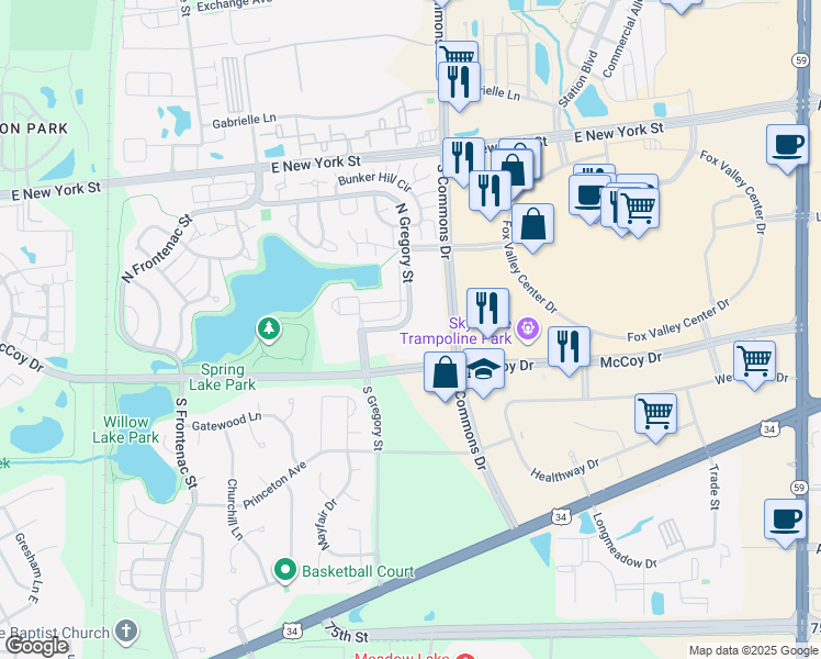 map of restaurants, bars, coffee shops, grocery stores, and more near 193 North Gregory Street in Aurora