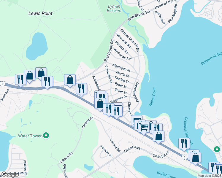 map of restaurants, bars, coffee shops, grocery stores, and more near 91 Cohasset Road in Wareham