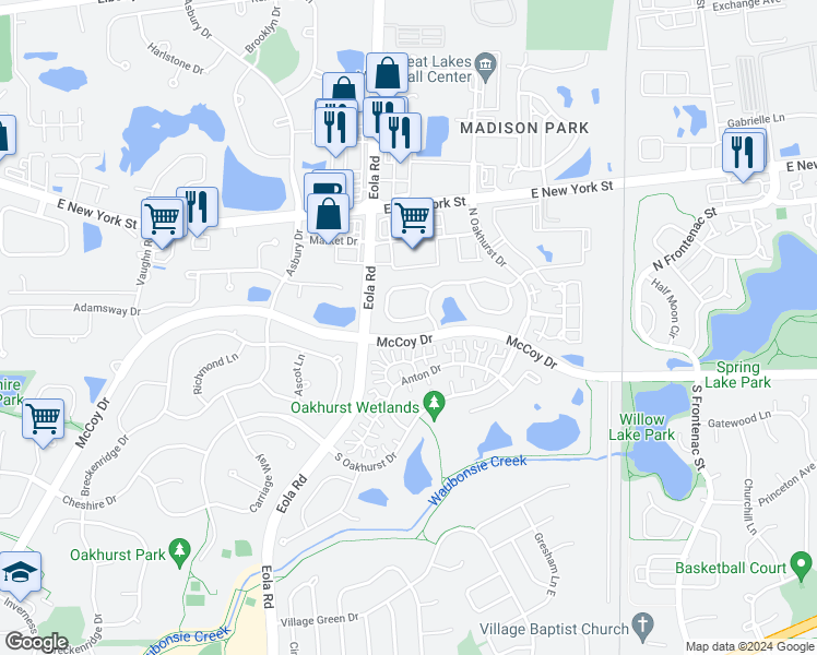 map of restaurants, bars, coffee shops, grocery stores, and more near 2960 Waters Edge Circle in Aurora