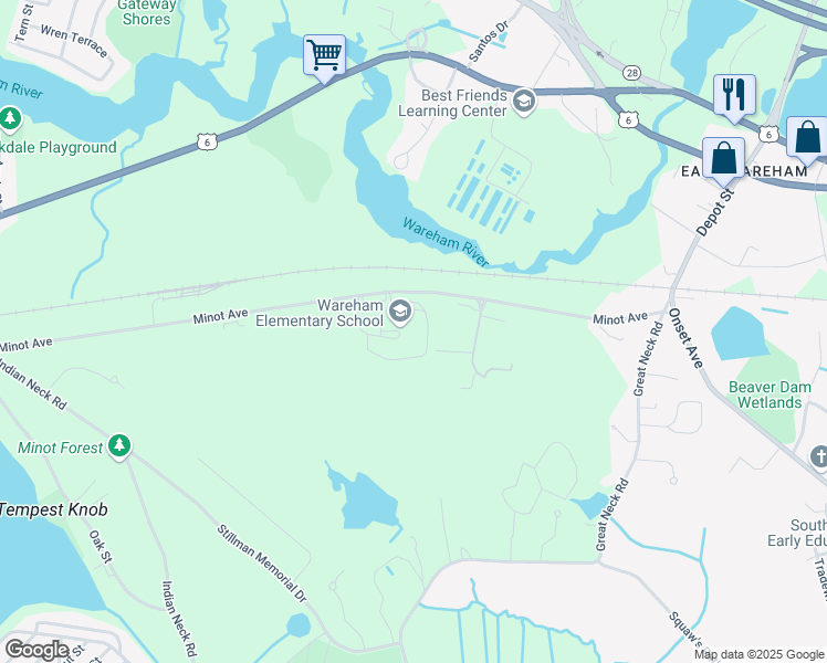 map of restaurants, bars, coffee shops, grocery stores, and more near 63 Minot Avenue in Wareham