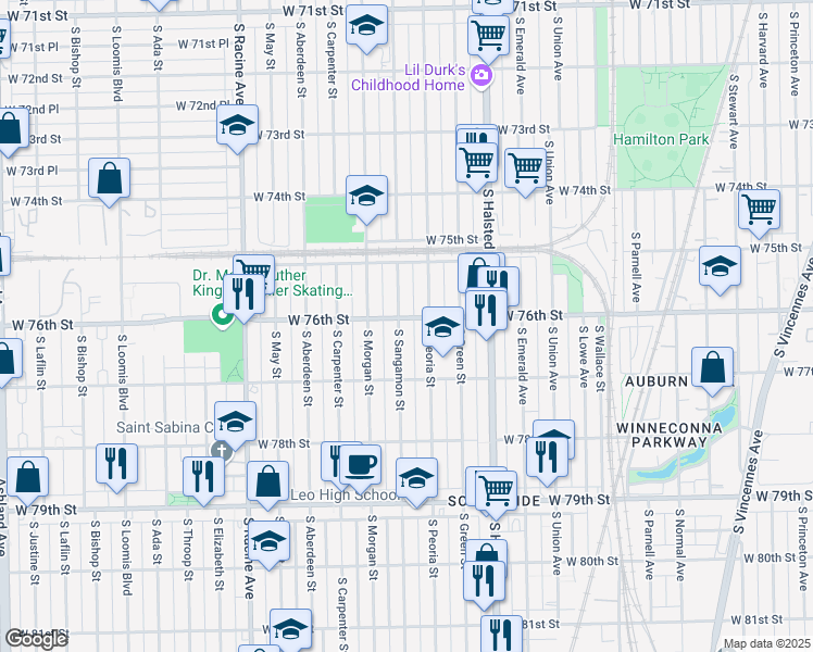 map of restaurants, bars, coffee shops, grocery stores, and more near 7605 South Sangamon Street in Chicago