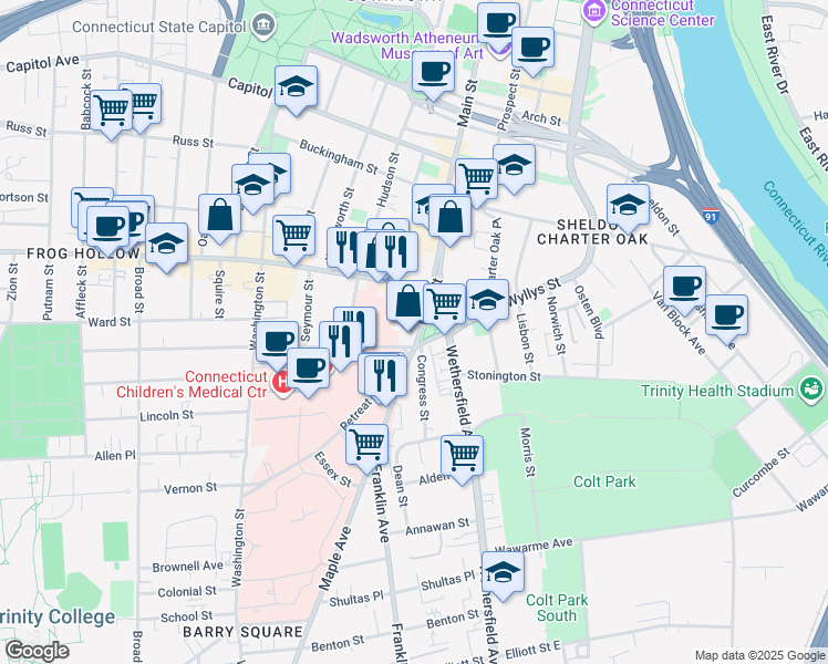 map of restaurants, bars, coffee shops, grocery stores, and more near in Hartford