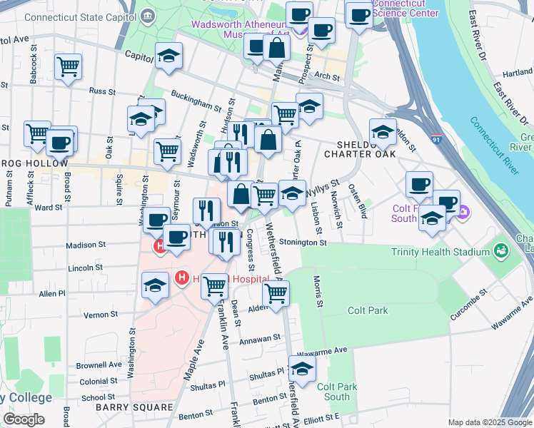 map of restaurants, bars, coffee shops, grocery stores, and more near Wethersfield Avenue & Wyllys Street in Hartford